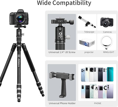 Carbon Fiber Camera Tripod, 62" Professional Video Tripod for Camera with 360° Ball Head, 1/4" Arca QR Plate, Compact Lightweight Travel Monopod for DSLR/Smartphone, Max Load 17.6 lbs/8kg