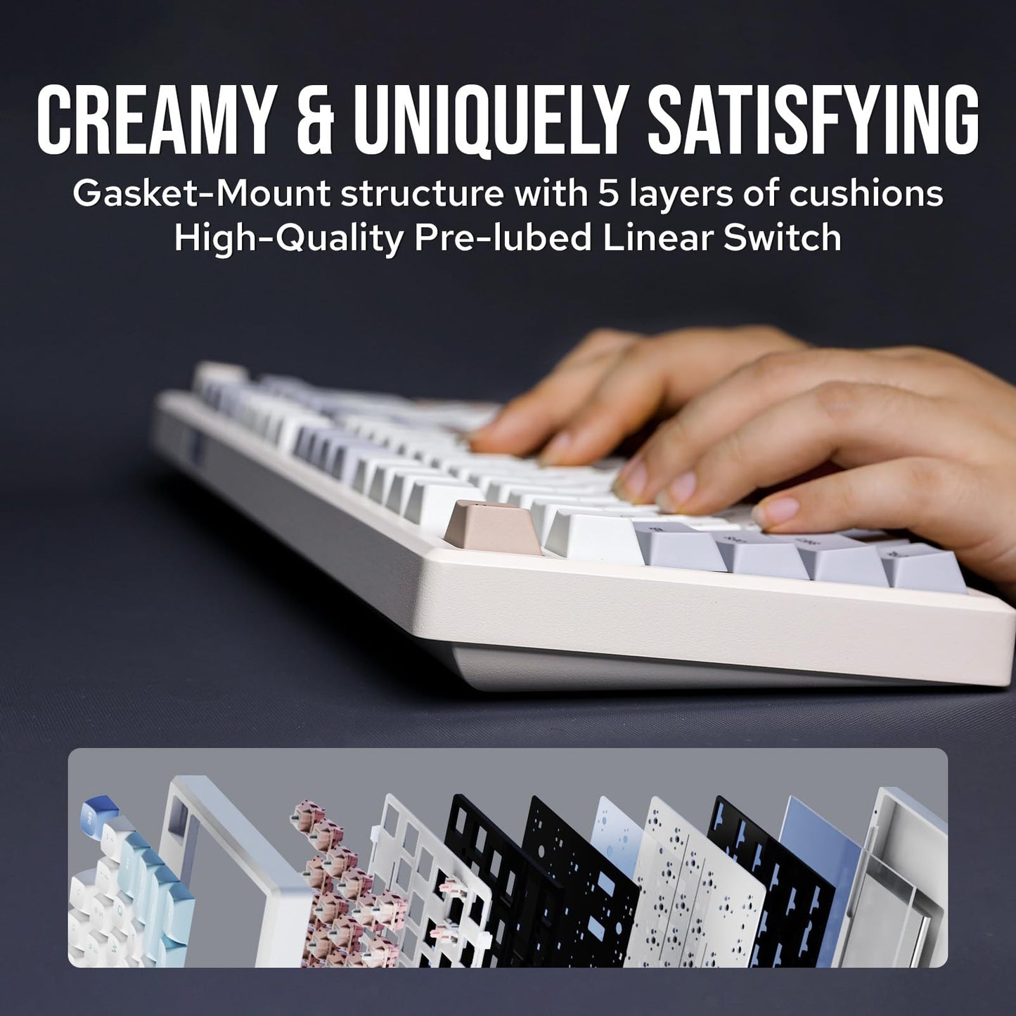 EPOMAKER Galaxy100 QMK/VIA Wireless Gaming Keyboard, Aluminum Shell, BT/2.4Ghz/USB-C, Pre-Lubed Hot-Swappable Linear Switches, NKRO, RGB Backlit (Creamy White, Marble White Switch)