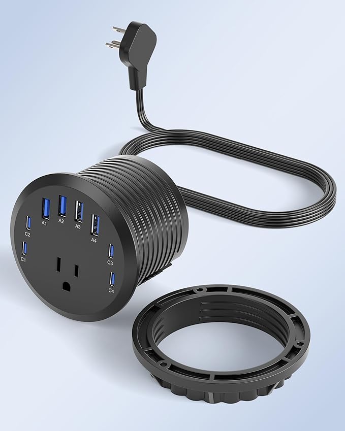 Jgstkcity 65W USB-C Hidden Desktop Power Grommet: 1 AC Outlet,8 USB Charging Ports,3'' Hole Flush Mount Pop-Up Power for Conference Tables & Nightstands (Black, 6 FT - 2PCS)