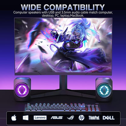 Computer Speakers,RGB PC Speakers, USB Powered 3.5mm Aux Speaker for Desktop, PC, Laptop, Tablet - Small Computer Speakers | Clear Sound & 7-Color Dynamic Lighting