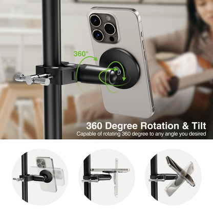 elitehood Magnetic Phone Clamp Mount, Adjustable Phone Holder for Mic Stand/Music Stand/Golf Cart/Treadmill/Stroller/Shopping Cart/Stationary Bike, iPhone Clamp Mount for Magsafe iPhone 16 15 14