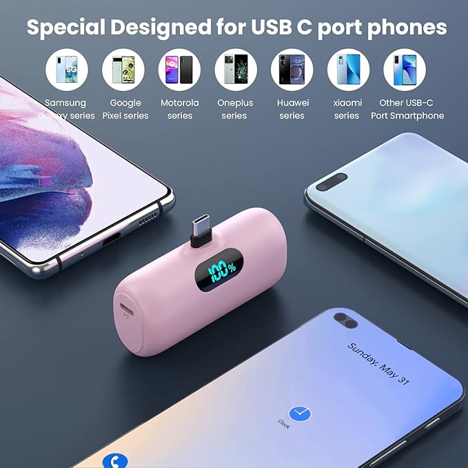 [2 Pack] Samll Portable Charger for iPhone 16/15 Series, 5000mAh 3A PD USB C Power Bank, Mini LCD Display Battery Pack Compatible with iPhone 16/16 Plus/16 Pro/15 Pro Max,Samsung,Android/Moto/LG etc