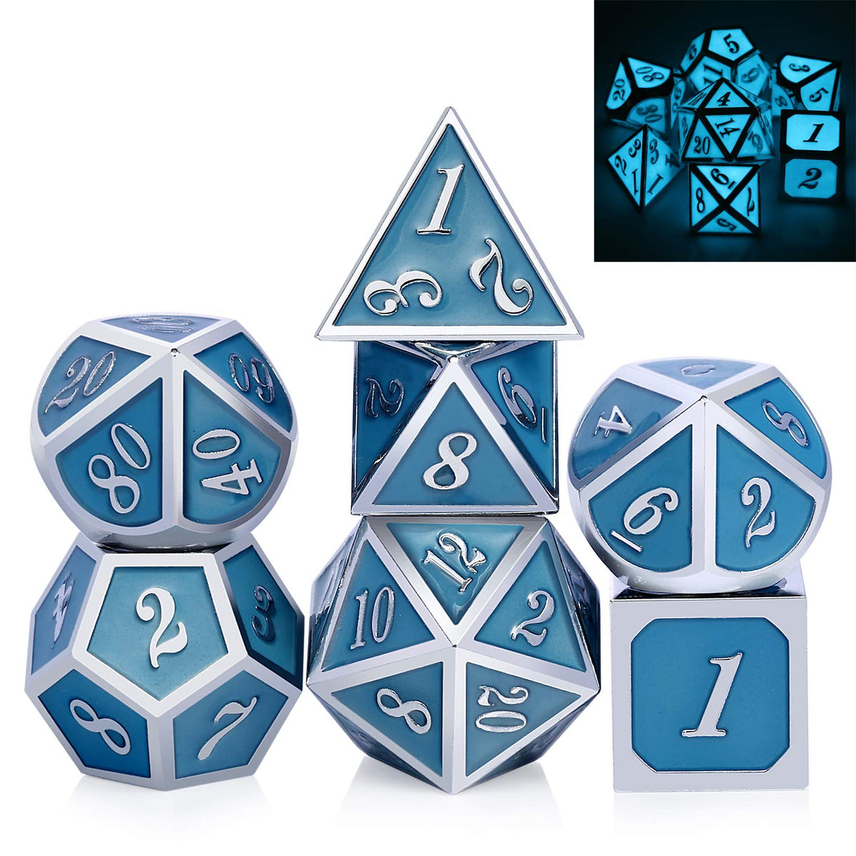 DNDND Metal Dice Set D&D, 7 die Metallic Polyhedral Dice Set with Gift Metal Box and Gold Number for DND Dungeons and Dragons Role Playing Games (Black and Gold)