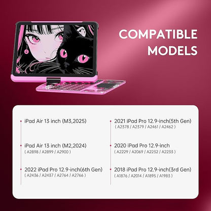 GUSGU Transparent Case with Wireless Keyboard for iPad Air 13-in.(M3/M2, 2025/2024), 7 Colors Backlight, Trackpad, 360°Rotating Stand for iPad Pro 12.9-in (6/5/4/3 Gen), Tech Style