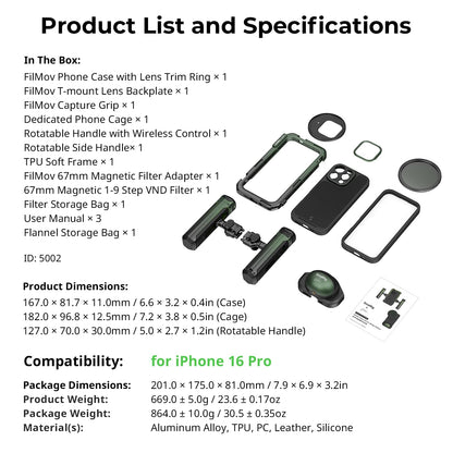 SMALLRIG x Brandon Li Mobile Video Kit for iPhone 16 Pro, Phone Cage with Lightweight Case, Rotatable Wireless QR Handles, 67MM Magnetic VND Filter Kit, Support for MagSafe - 5002