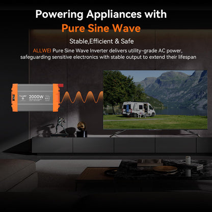 ALLWEI 2000W Pure Sine Wave Inverter 12V DC to 120V AC Converter, Surge 4000W, 20A Sockets, Hardwire Port, Power Inverters for Vehicles, RV Truck Home Solar & Off-Grid Inverter, Remote Controller