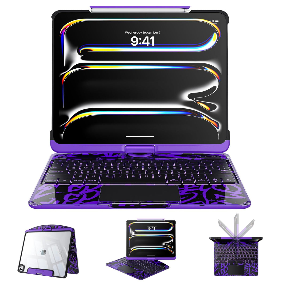 Tiaota Transparent Case Keyboard for iPad 11th Gen 11 inch (A16, 2025) & 2022 iPad 10th Gen 10.9 in,7-Color Backlit,Wireless Keyboard, 360°Rotating,Multi-Touch trackpad, Pencil Slot,Shortcuts,Black