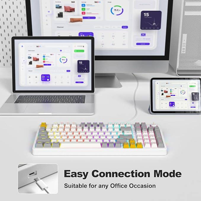 AK96 Smart Mechanical Keyboard Gaming, 96 Keys Full Size with LED Colorful Backlit, Clicky Creamy Sounding, USB Wired Computer Keyboard with Volume Knob for PC, Mac, Windows (White)