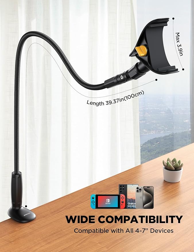 JOYROOM Gooseneck Phone Holder for Bed, [Upgrade Safety Lock] Flexible Long Arm Phone Stand, 720° Adjustable Desk Clamp Clip Phone Mount for iPhone 16 & All 4-7" Devices