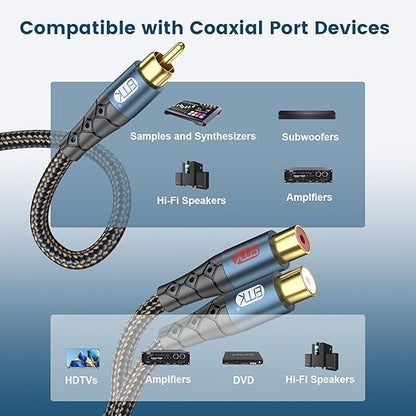 EMK RCA Splitter 1 Male to 2RCA Female Copper Shell Gold-Plated Y Adapter RCA Male to 2RCA Female Cable RCA Y Splitter Connectors Extension Cord 1ft/0.3m