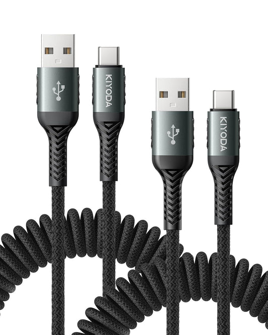 USB A to USB C Cable 3FT/6FT, Coiled USB C Cable for Car, 66W USBC Cable