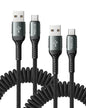 USB A to USB C Cable 3FT/6FT, Coiled USB C Cable for Car, 66W USBC Cable