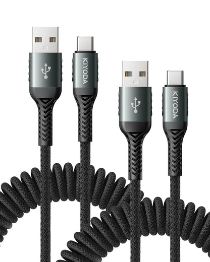 USB A to USB C Cable 3FT/6FT, Coiled USB C Cable for Car, 66W USBC Cable