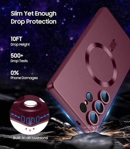 Magnetic for Samsung Galaxy S25 Ultra Case [Compatible with MagSafe][Built-in Camera Lens Protector] Slim Soft Silicone Bumper Shockproof Metallic Luster Phone Shell (Burgundy)