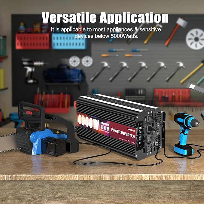 LVYUAN 4000 Watt Power Inverter 12V to 110V 120V for Vehicle, Solar Inverter System, Heavy Duty, RV, Truck, Off Grid,Camping with 4 AC Outlets, LCD Display, Wireless Remote Control, Car Power Inverter