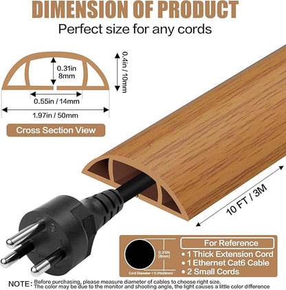 Floor Cord Cover Self Adhesive Cord Hider,10FT Cable Management, Extension Strip Protector for Wires, Prevent Cable Trips for Offices, Gyms, Exhibitions Cavity:0.47"(W) x 0.35"(H) Brown Wood