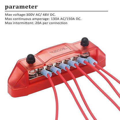 Recoil BBS25P Bus Bar 2 x M5 Studs and 5 Screw Terminals Power Distribution Block with Ring Terminals Pair Red & Black