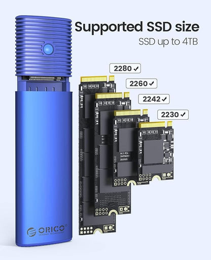 ORICO M.2 NVMe SATA SSD Enclosure Adapter Tool-Free, USB C 3.2 Gen 2 10Gbps NVMe, 5Gbps NGFF SATA PCIe M-Key(B+M Key) 2230/2242/2260/2280, Aluminum External M2 Reader Support UASP Trim- PWDM2-BL