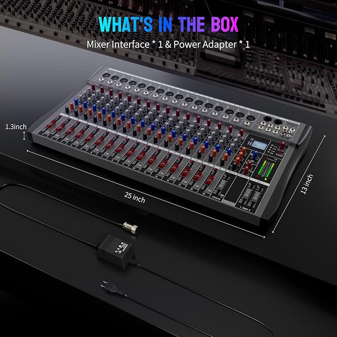 Professional DJ Audio Mixer,NEW BAXS 16 Channel DJ Bluetooth Controller Sound Mixer,USB Interface,16 XLR Mic/Line Input,AUX,FX Processor MP3 Player,+48V Phantom For Karaoke Studio Streaming Recording