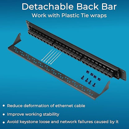 Rapink Patch Panel 24 Port Cat6 with Inline Keystone 10G Support, Pass-Thru Coupler Patch Panel UTP 19-Inch with Removable Back Bar, 1U Network Panel for Cat6, Cat5e, Cat5 Cabling