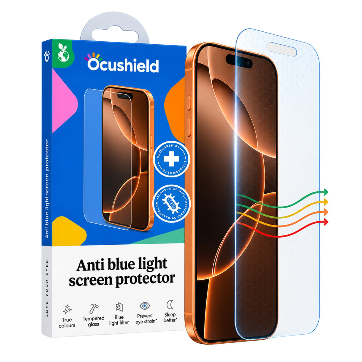 Ocushield Anti Blue Light Tempered Glass Screen Protector of iPhone 16 Plus (6.7")– Blocks Blue Light, Prevents Eye Strain & Helps You Sleep Better, 9H Hardness & Case Friendly