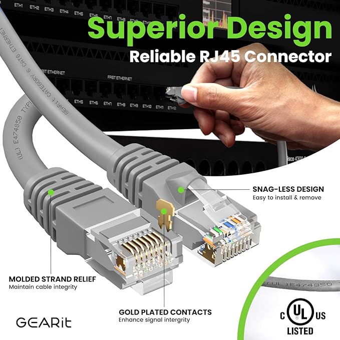GearIT Cat 6 Ethernet Cable (10-Pack 10 Feet) Cat6 Network Patch, 10Gbps, RJ45, Snagless Cord, Gold-Plated Connectors, Internet for PC, TV, Tablet, Router, Printer, Servers, IT Data Center - Gray