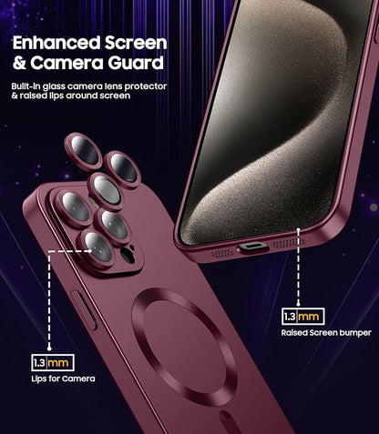 Magnetic for iPhone 15 Pro Case [Compatible with MagSafe][Built-in Camera Lens Protector] Slim Soft Silicone Bumper Shockproof Metallic Shine Phone Case (Burgundy)