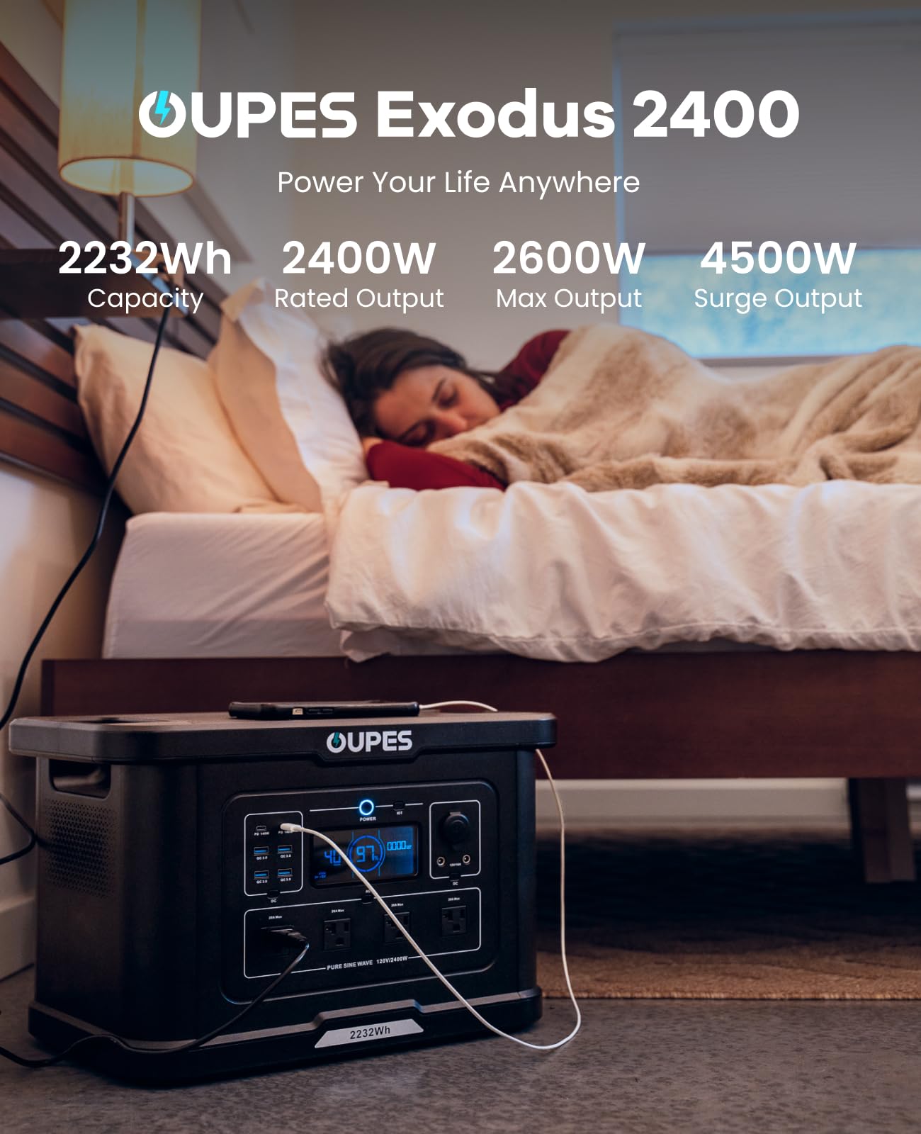 OUPES Exodus 2400 Solar Generator with a 240W Panel, 2400W / 2160Wh Portable Power Station with APP Control & UPS for RV, Home Backup, Professional Outdoor Use