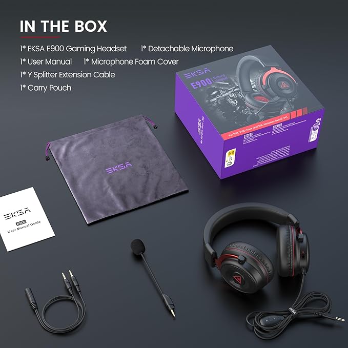 EKSA E900 Gaming Headset with Microphone - PC Headset with Detachable Noise Canceling Mic, 3D Surround Sound, Wired Headphone for PS4, PS5, Xbox, Computer, Laptop, Switch, Handheld (3.5MM Jack)