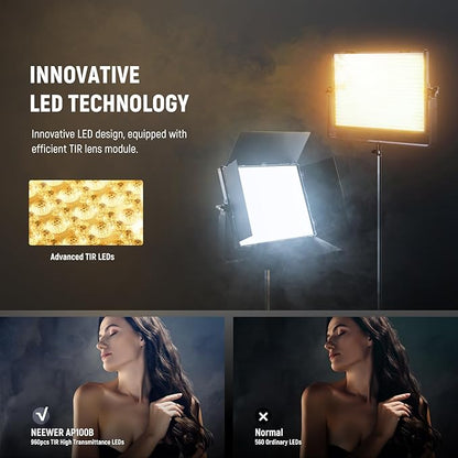 NEEWER 100W Bi Color LED Panel Video Light Kit, 960 LEDs 38600Lux@0.5m 2500K-8500K CRI96+/TLCI97+ 0-100% Dimming, APP/2.4G/Panel/DMX Control for Pro Studio Photography Recording Stage Lighting, AP100B