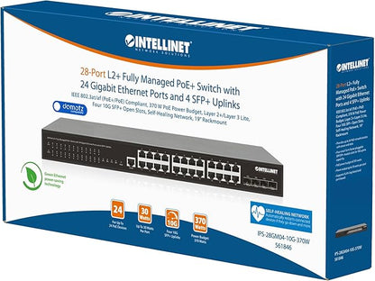 Intellinet 28-Port L2+ Fully Managed PoE+ Switch - with 24 Gigabit Ethernet Ports and 4 SFP+ Uplinks – 370W Power Budget, 30W per Port Max – 3 Yr Mfg Warranty – 561846