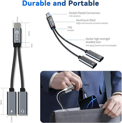 USB C Splitter,1 in 2 Out Dual USB C Type Headphone and Charger Audio Adapter,Hi-Fi Sound Quality Type C Headphone Adapter and Charging Dongle Cable Compatible with Phone 16/15 Pro Max(USB-USB,2Pack)