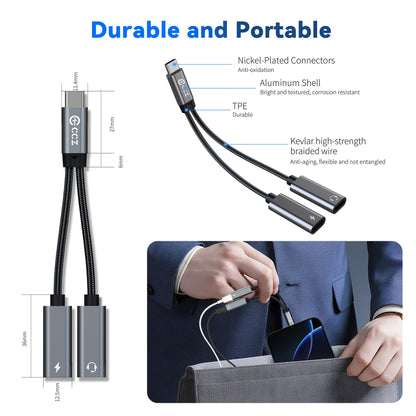 Dual USB C Audio Adapter and Charger Audio Adapter,2 in 1 Hi-Res 16bit/48kHz DAC Aux to USB C with 60W PD Fast Charging Dongle Cable for iPhone 16 Pro Max, Galaxy S25Ultra, iPad Pro(USB-USB, 3Pack)