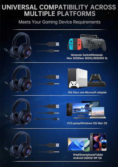 CM7002 Gaming Headset for PS5, PS4, PC, Mac, Switch, Xbox Series, Surround Sound RGB Gaming Headphones with Noise Canceling Microphone, 50MM Dynamic Drivers, 3.5MM Audio Jack, Black