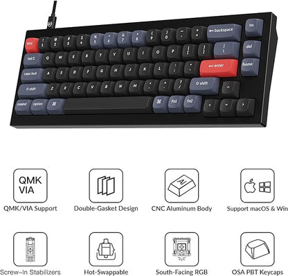 Keychron Q2 Wired Custom Mechanical Keyboard, QMK/VIA Programmable Macro, Full Aluminum, Hot-Swappable Gateron G Pro Blue Switch, 65% Layout Double Gasket Compatible with Mac and Windows - Black