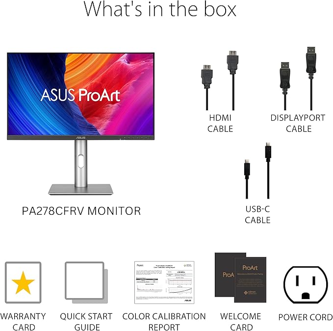 ASUS ProArt Display 27” 1440P Professional Monitor (PA278CFRV) - IPS, QHD (2560 x 1440), Pre-Calibrated, 95% DCI-P3, Daisy-chain, 100Hz, LuxPixel AGLR, Calman Verified, USB-C 96W, HDR400, 3yr warranty