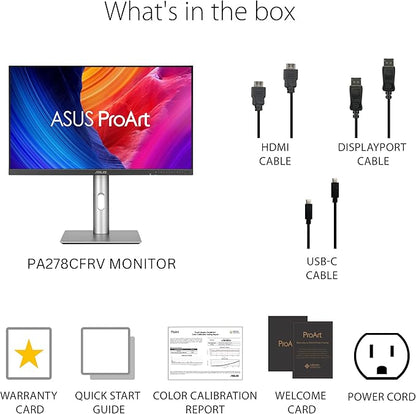 ASUS ProArt Display 27” 1440P Professional Monitor (PA278CFRV) - IPS, QHD (2560 x 1440), Pre-Calibrated, 95% DCI-P3, Daisy-chain, 100Hz, LuxPixel AGLR, Calman Verified, USB-C 96W, HDR400, 3yr warranty