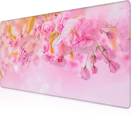 Mouse Pad, Large Pink Sakura and Butterfly Desk Mat, Extended Non-Slip Gaming Keyboard Mousepad Desk Pad, Thick Stitched Edges Waterproof Mouse Mat 31.5"x15.7" (Blossoming Cherry Flowers)