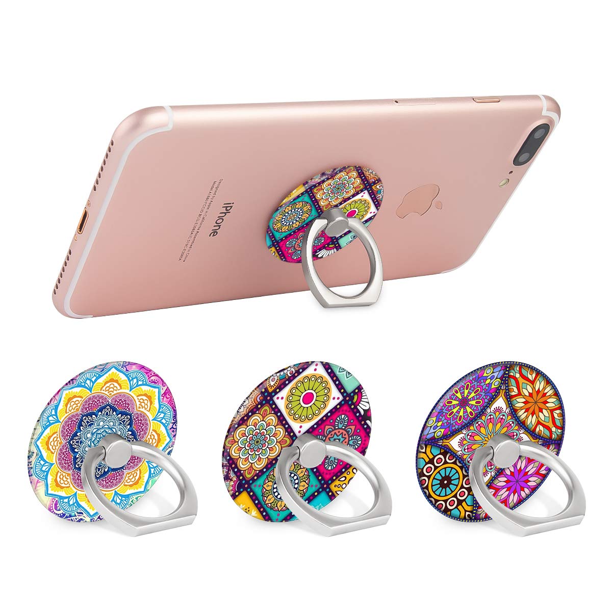 Bonoma Cell Phone Ring Holder Stand, 3 Pack Colorful Mandala 360 Rotation Universal Smartphone Ring Grip Stand Compatible with Smartphones and Tablets