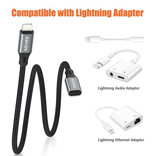 AGVEE 4 inch Lightning Extension Cable, Braided Female to Male Extender Full Function Cord Compatible with iPhone iPad, Data Sync Video Audio & Charging Connector Adapter, Dark Gray