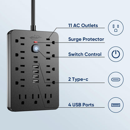 JouleLoom 20 FT Flat Plug Surge Protector Power Strip,11 Multiple AC Outlets with 6 USB Ports (2 USB C), 20 Feet Extension Cord, 1250W/10A, One Touch Switch Button, 17 in 1 Compact powerstrip