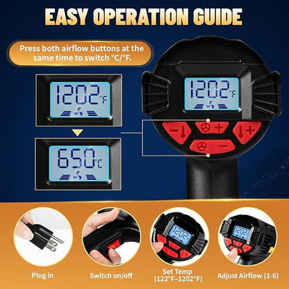 TECKWRAP Heat Gun 2000W with LCD Display, Adjustable Hot Air Gun for Vinyl Wrap, Shrink Wrap, Paint Removal & DIY Crafts (122–1202°F)