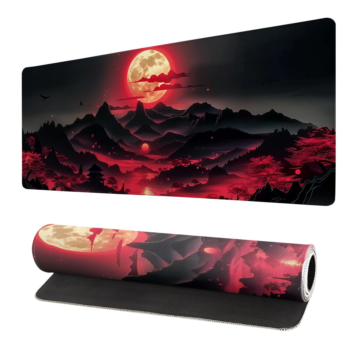 Darkness Red Moon Desk Mat Japanese Mouse Pad, Large Japanese Desk Mat, XL Anime Gaming Keyboard Mat, Non-Slip Rubber Base, Big Extended Desk Protector for Home Office, 31.5”x11.8”