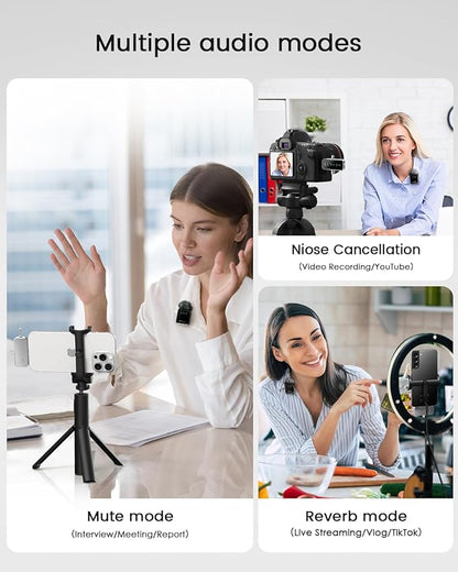 PQRQP 3 in 1 Mini Microphone for iPhone, Android, Camera | 328ft Range & 18H Battery | Noise-Canceling Mini Mic for Interviews, Content Creation, TikTok (Metallic Silver)