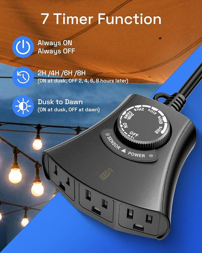 HBN Outdoor Light Timer with Remote Control, Waterproof Light Sensor Timer, 100 ft Wireless Range, 2 Grounded Outlets for Christmas Lights, 15A 1/2HP Heavy Duty