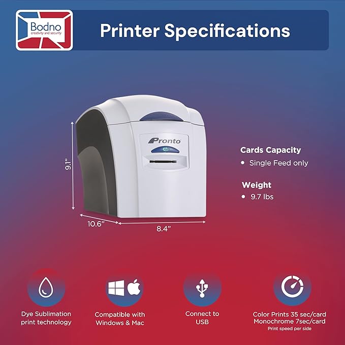Bodno Magicard Pronto ID Card Printer & Super Supplies Package ID Software, Camera, 300 Cards and 300 Print Ribbon - Silver Edition