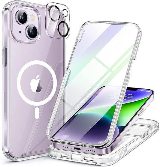 Miracase Magnetic for iPhone 14 Case 6.1'', [Bubble Free] Full-Body Bumper Phone case with Built-in Full Glass Screen &Lens Protector,No Gap,Compatible with MagSafe,Drop Proof 14 Cover,Clear