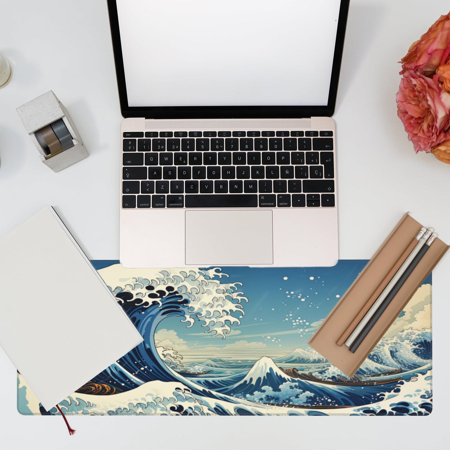 Eflxamz Desk Mat,Blue Japanese Sea Wave Desk Pad,Japanese Sea Wave Large Gaming Mouse Pad for Desk,Extended Big Computer Keyboard Mouse Pad with Non-Slip Base and Stitched Edge,31.5"x11.8"
