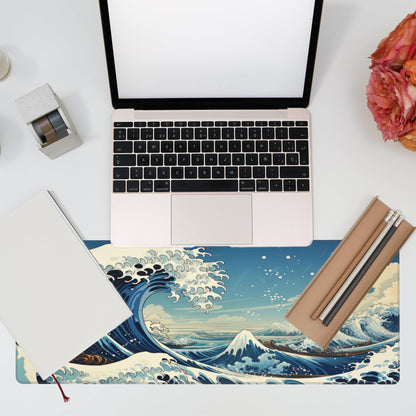 Eflxamz Desk Mat,Blue Japanese Sea Wave Desk Pad,Japanese Sea Wave Large Gaming Mouse Pad for Desk,Extended Big Computer Keyboard Mouse Pad with Non-Slip Base and Stitched Edge,31.5"x11.8"
