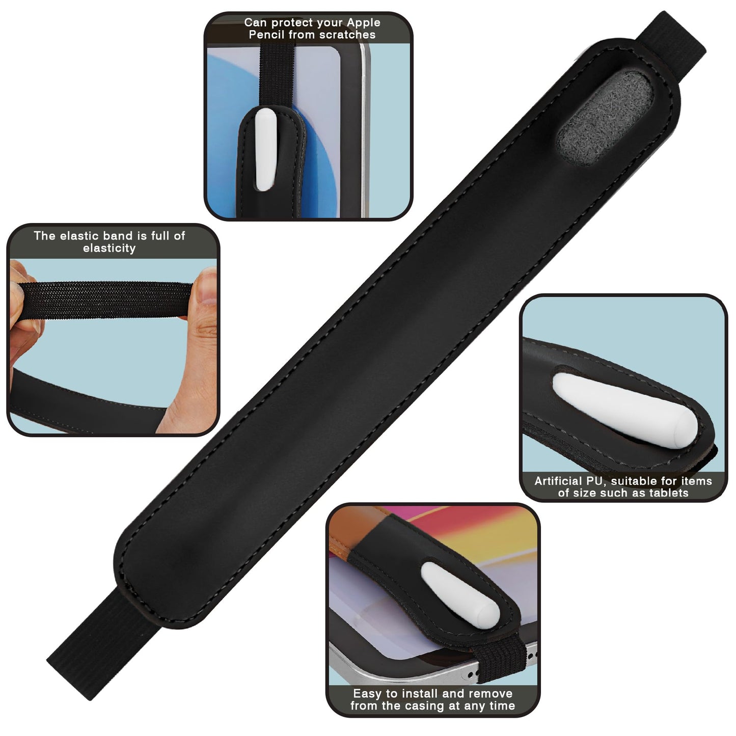 TOCCOOL Vegan Leather Stylus Holder with Elastic Band, Protective Pen Sleeve for Secure Tablet Attachment, Compatible with Most Stylus Pens & Digital Pencils, Tablet Accessory(Black)